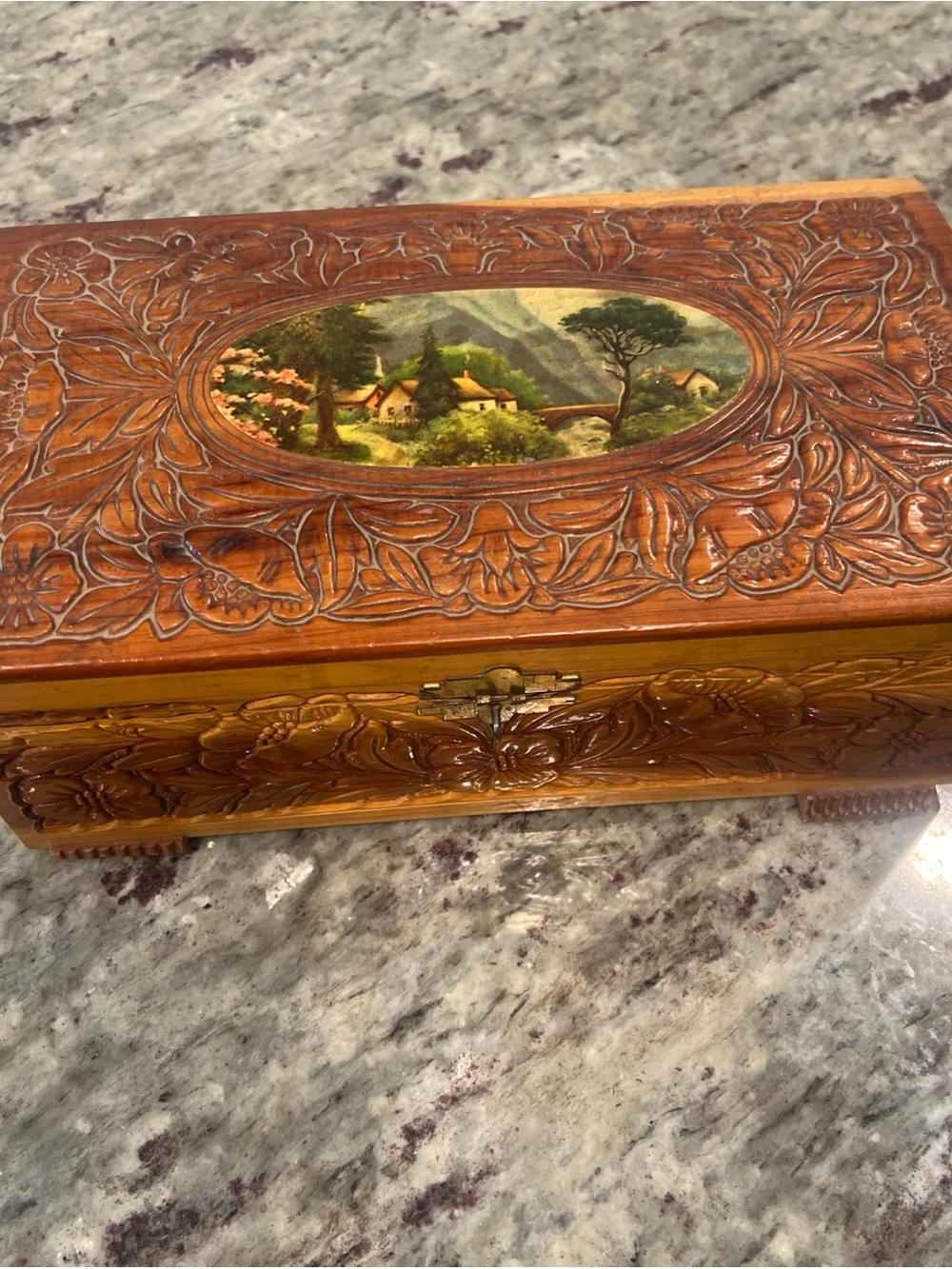 Vintage Cedar Wood Jewelry Box w/ Hand-Carved Floral Design Mirror Mid Century